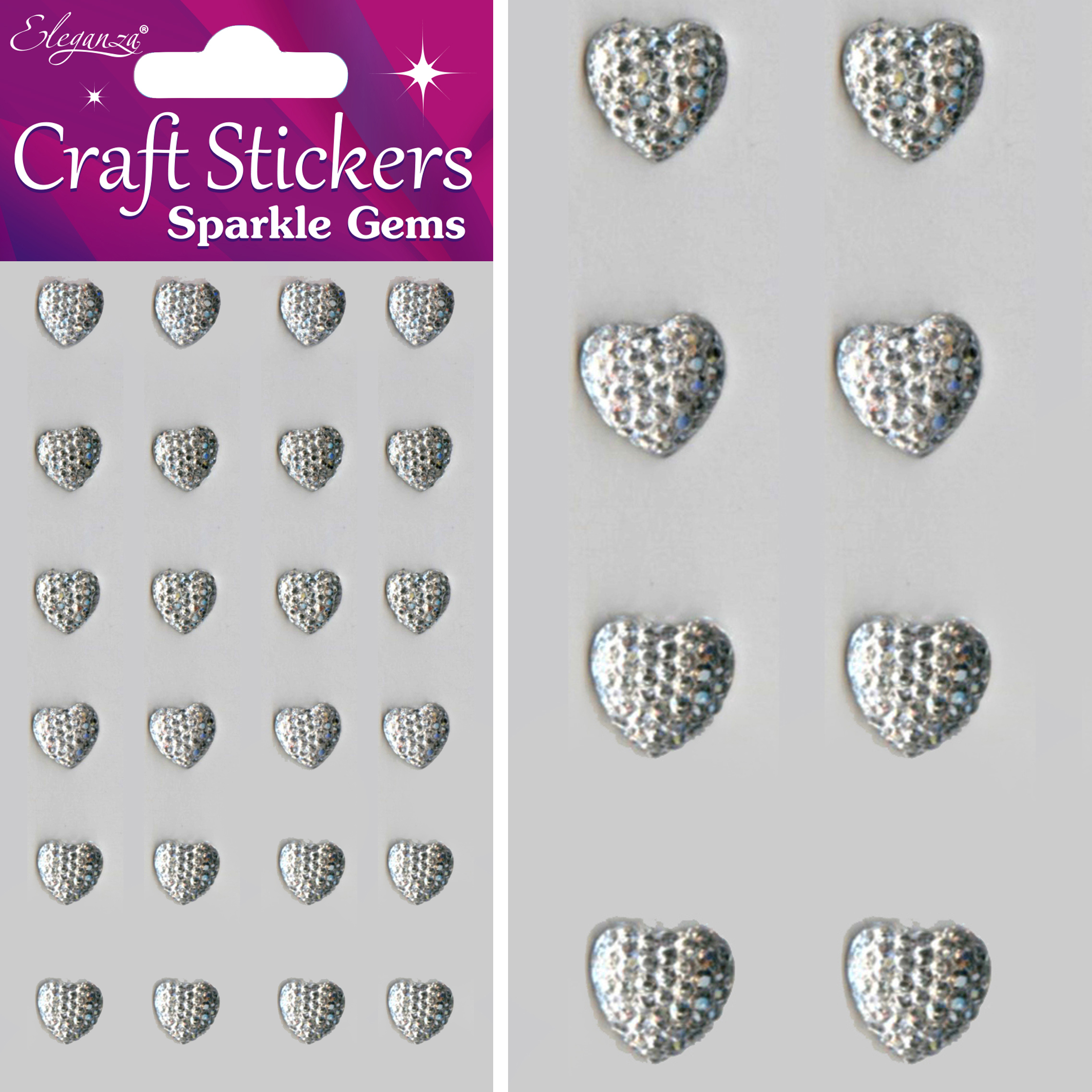 Eleganza Stickers Sparkle Gem Hearts 10mm x 24pcs Clear/Silver