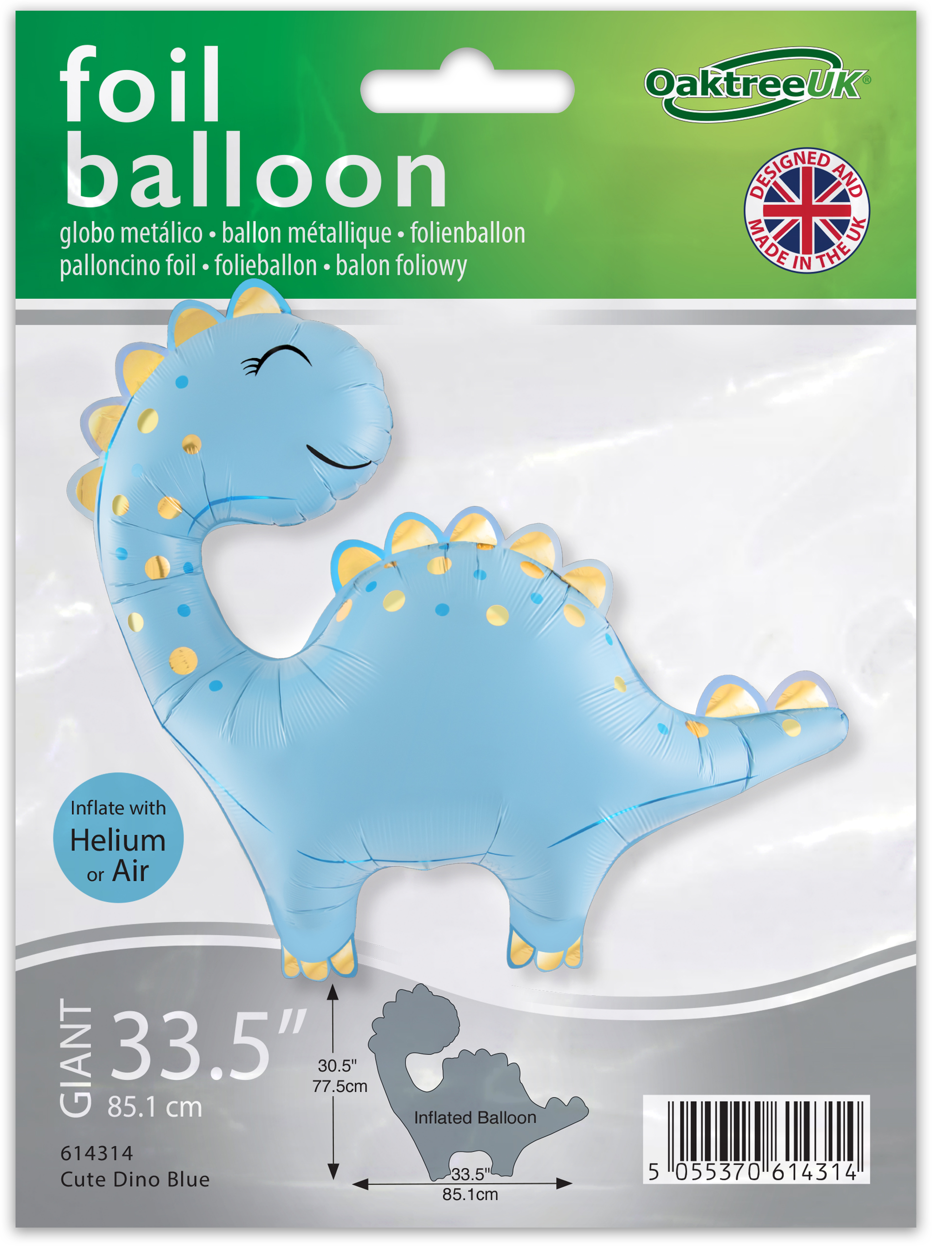 Oaktree Shape 33.5inch Cute Dino Blue Packaged - Helium Shapes
