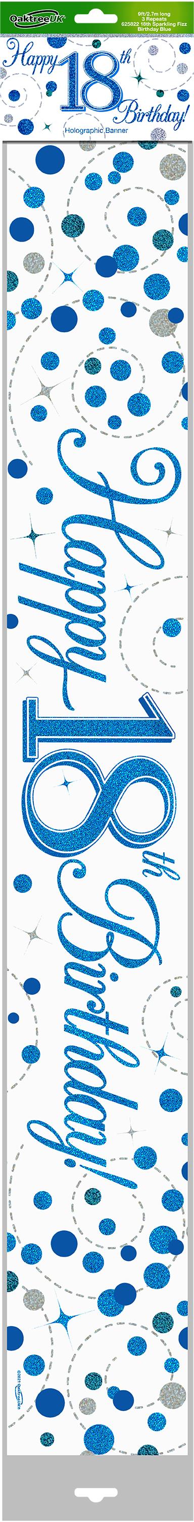 9ft Banner Happy 80th Birthday Blue Holographic - Balloon Gas Essex