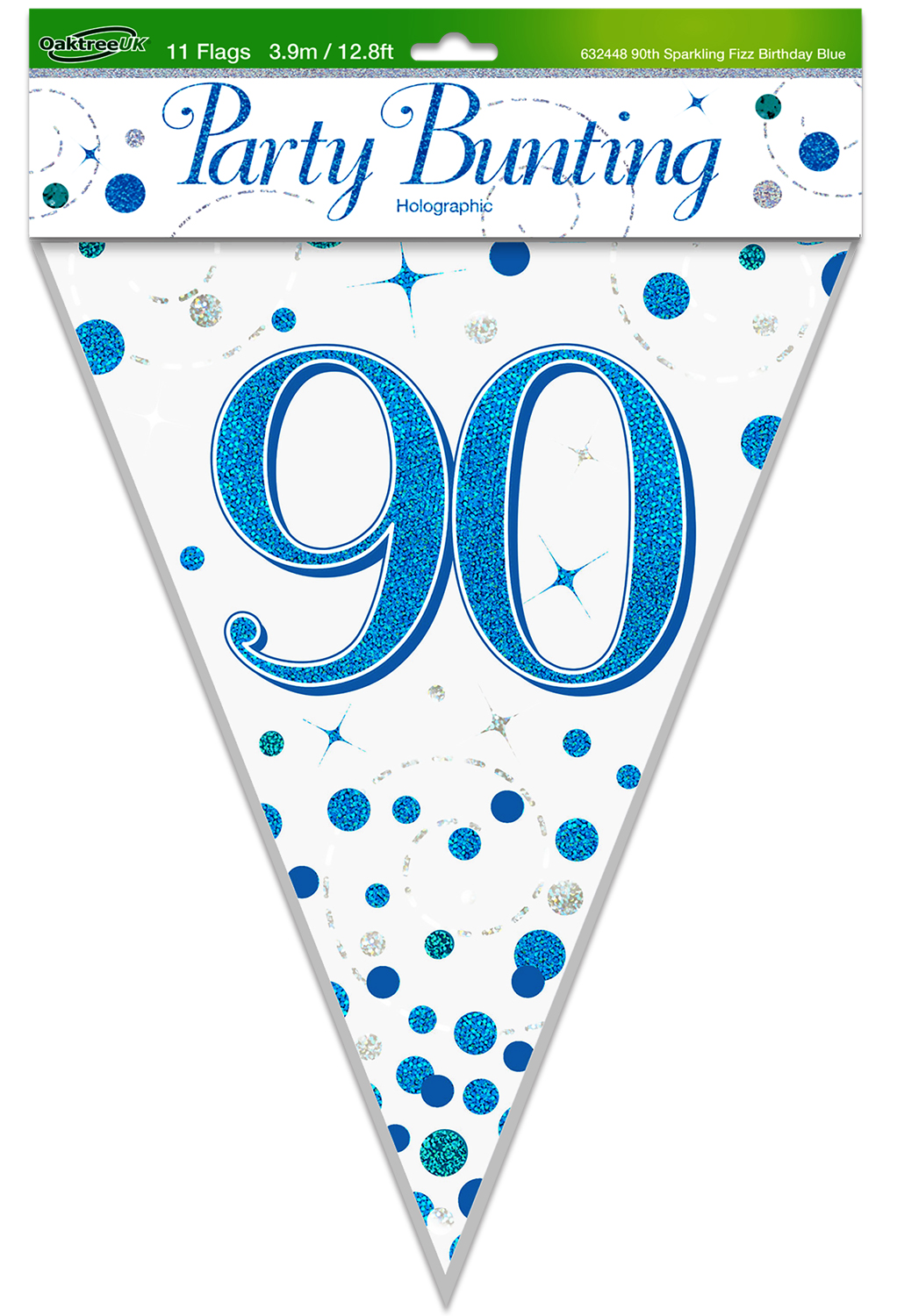Party Bunting 90th Sparkling Fizz Birthday Blue Holographic 11