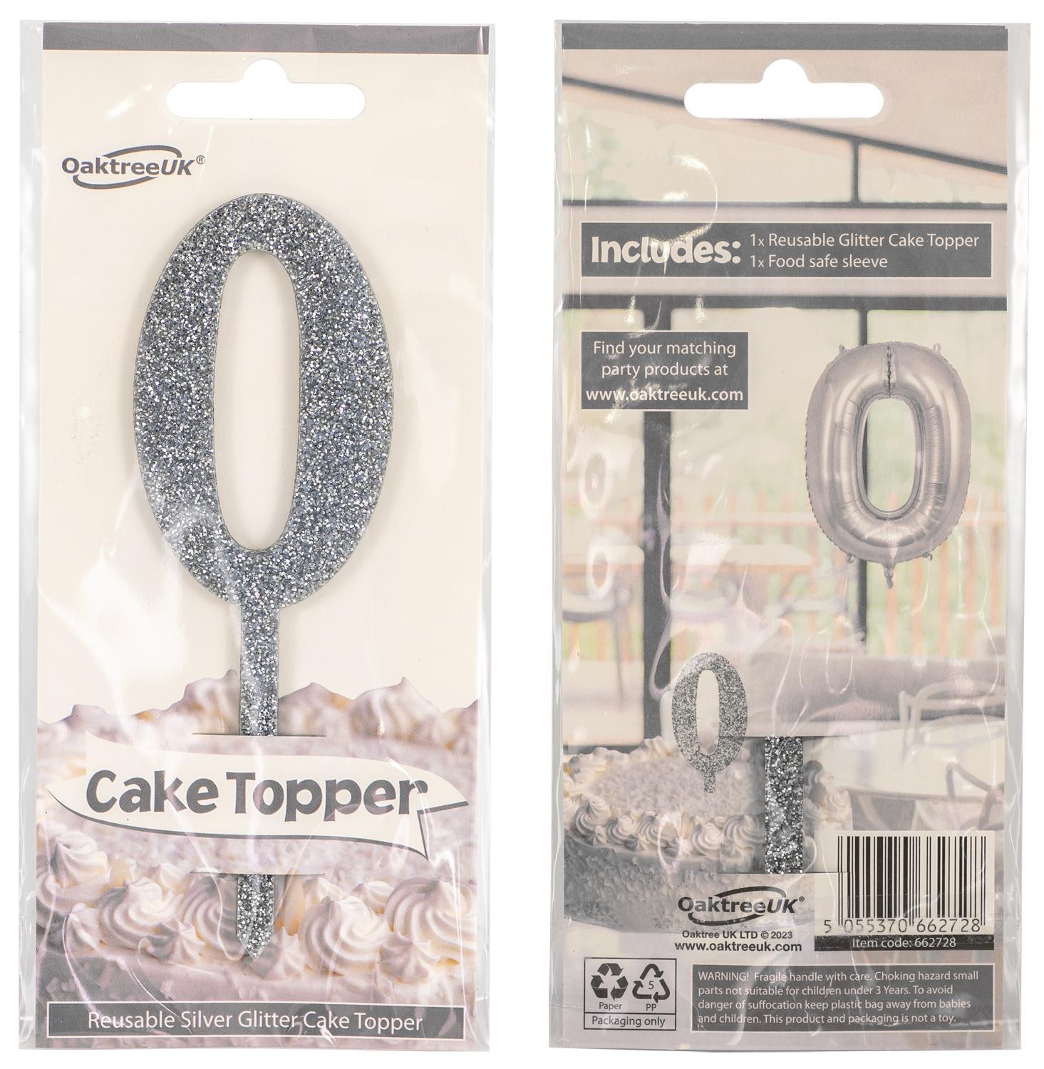 Silver Topper Acrylic Silver Glitter Cake Topper No.0 H150mm x W48mm - Cake