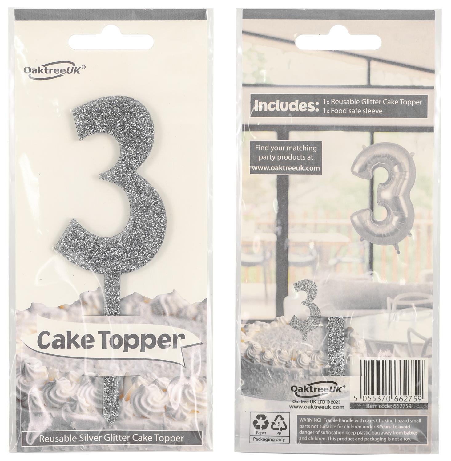 Acrylic Silver Glitter Cake Topper No.3 H150mm x W49mm - Cake