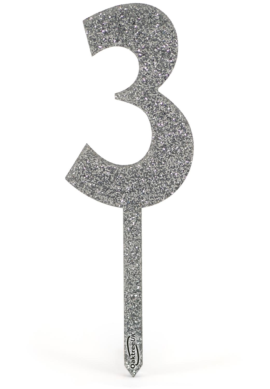 Silver Topper Acrylic Silver Glitter Cake Topper No.3 H150mm x W49mm - Cake