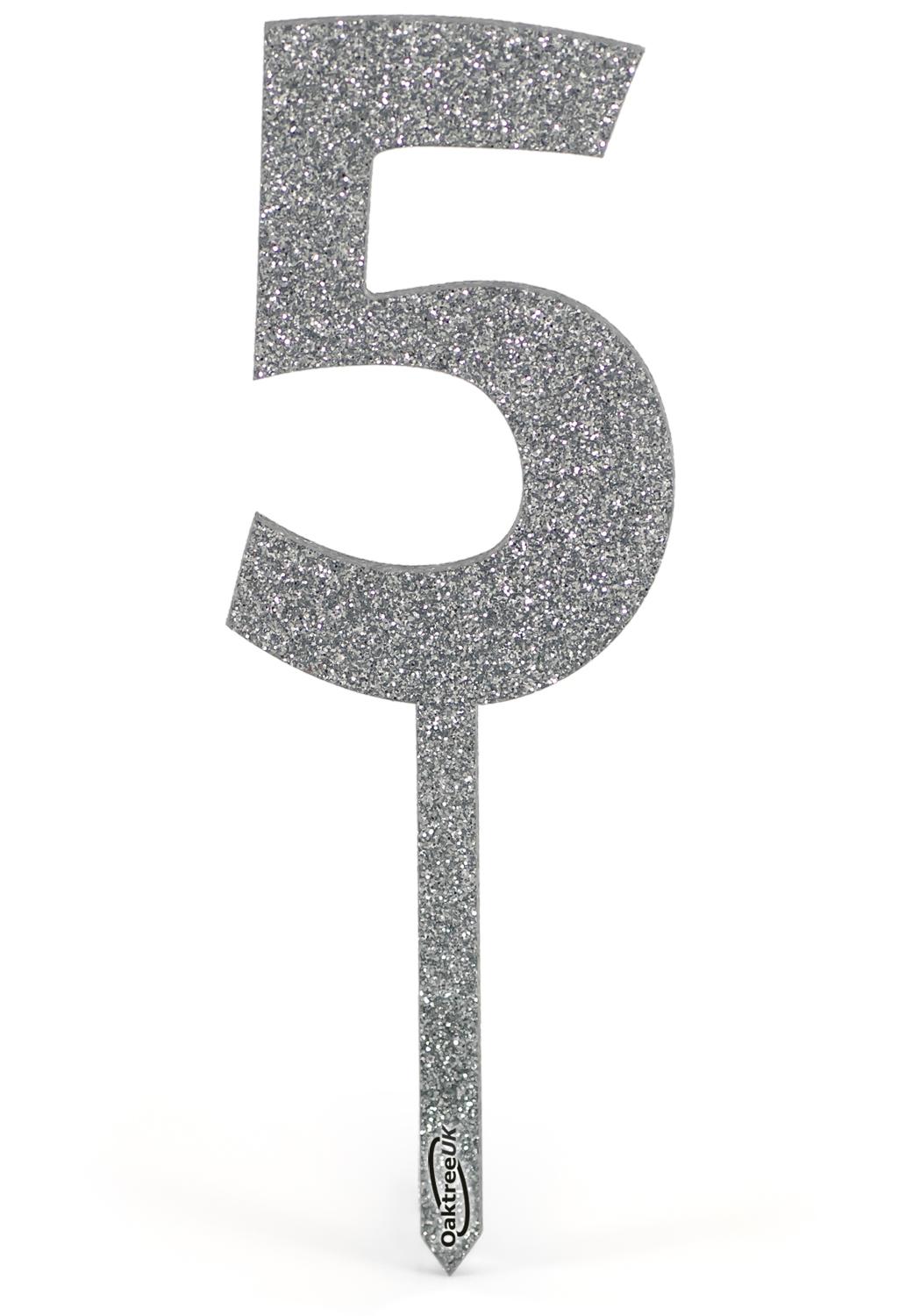 Silver Topper Acrylic Silver Glitter Cake Topper No.5 H150mm x W50mm - Cake