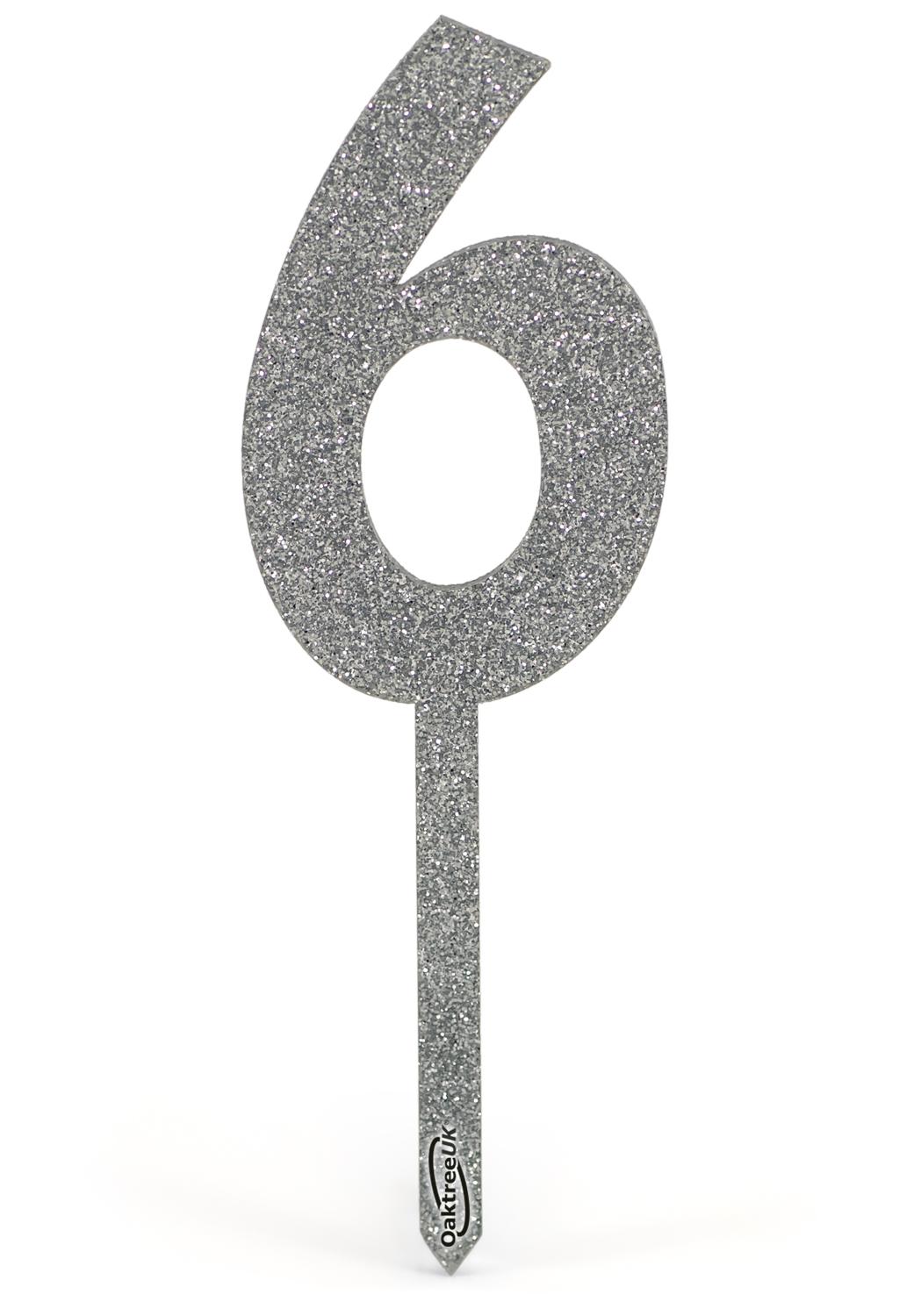 Silver Topper Acrylic Silver Glitter Cake Topper No.6 H150mm x W47mm - Cake