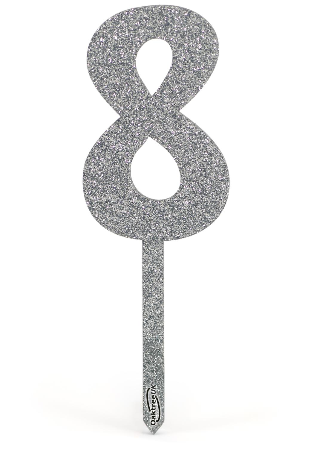 Silver Topper Acrylic Silver Glitter Cake Topper No.8 H150mm x W48mm - Cake
