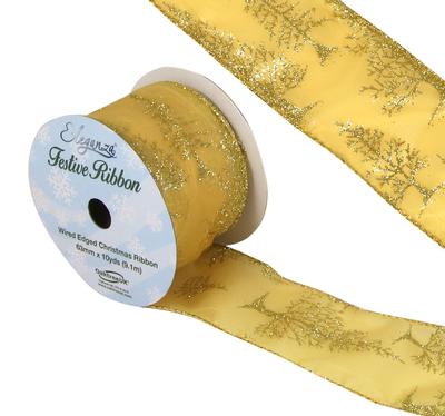 Eleganza Satin Wired Edge Glitter Christmas Tree Gold 10yds x 63mm - Christmas Ribbon