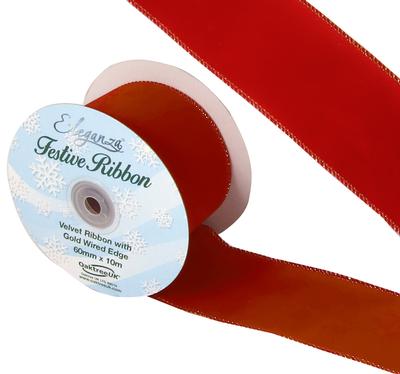 Eleganza Velvet Ribbon Wired Edge Red No.16 60mm x 10m - Christmas Ribbon