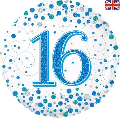 Oaktree 18inch 16th Sparkling Fizz Birthday Blue Holographic - Foil Balloons