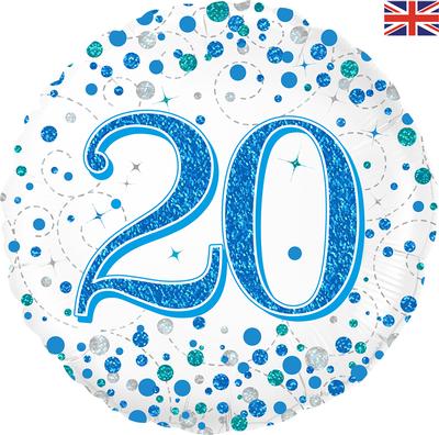 Oaktree 18inch 20th Sparkling Fizz Birthday Blue Holographic - Foil Balloons