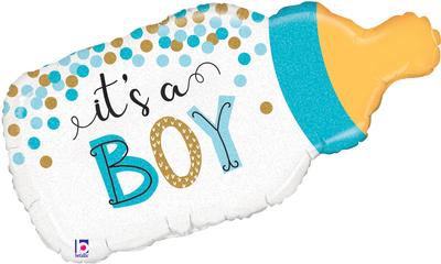 33inch Shape Confetti Baby Bottle Boy Holographic (C) Packaged - Foil Balloons