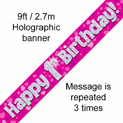 Banners Stickers Confetti Happy 1st Birthday Pink Holographic