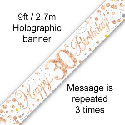 9ft Banner Sparkling Fizz 30th Birthday White & Rose Gold Holographic - Banners & Bunting