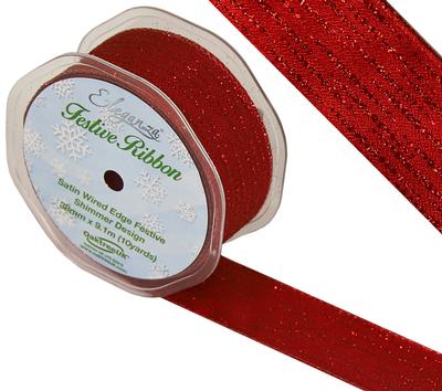 Eleganza Satin Wired Edge Festive Shimmer Design No.377 Red No.16 38mm x 9.1m - Christmas Ribbon