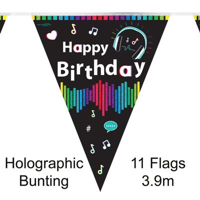 Party Bunting Music Media Birthday Holographic 11 flags 3.9m - Banners & Bunting