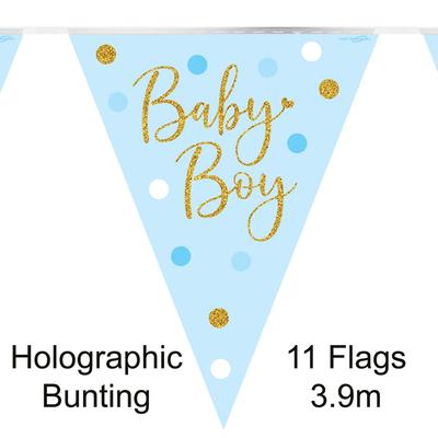Party Bunting Sparkling Baby Boy Dots Holographic 11 flags 3.9m - Banners & Bunting