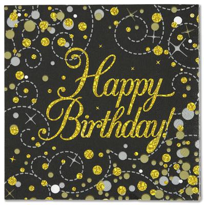 Oaktree Happy Birthday Sparkling Fizz Black & Gold 33cm x 33cm 3-ply Napkins 16pcs - Partyware
