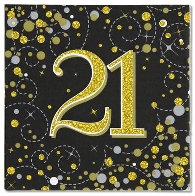 Oaktree Sparkling Fizz 21st Black & Gold 33cm x 33cm 3-ply Napkins 16pcs - Partyware