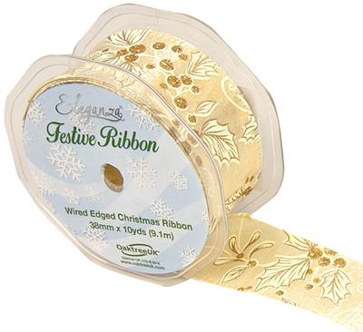 Eleganza Holly/Mistletoe Wired Edge 38mm x 9.1m (10 yards) Ivory/Gold Design No.372 - Christmas Ribbon