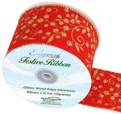 Eleganza Wired Edge Christmas Large Glitter Berries 63mm x 9.1m Design No.386 Red/Gold - Christmas Ribbon